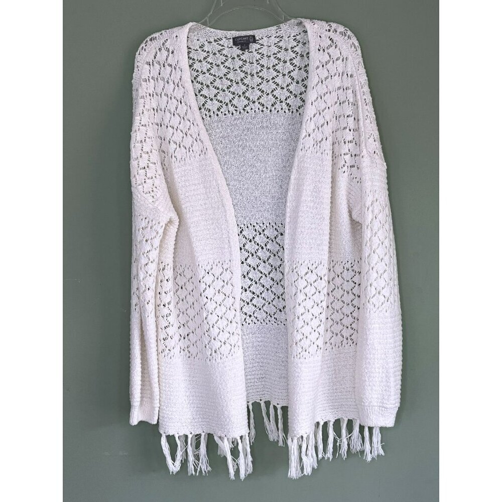 Women Open Knit Cardigan sz S Boho Festival Oversize Fringe Cotton Dolman Sleeve